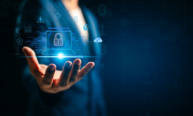 Businessman protecting with Padlock and internet technology data personal information, security encryption, cybersecurity, secure Internet access. Cyber security internet network data privacy concepts