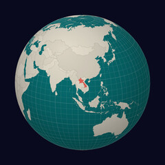 Lao People's Democratic Republic on the map. Globe centered to Laos. Country location on the world map. Teal Pale Mint color palette. Globe with countries, meridians and parallels.
