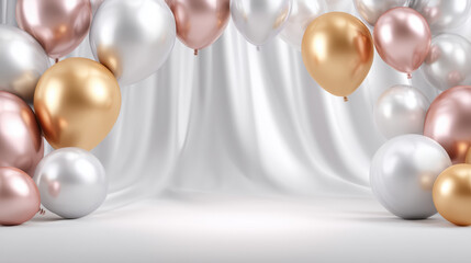 Colorful balloons in gold, silver, and rose hues against a soft white backdrop for celebrations