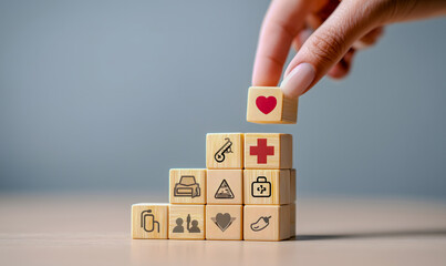 Healthcare Concept with Wooden Blocks and Medical Symbols – Generative AI