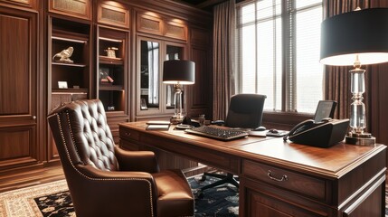 Luxurious, dark wood home office with leather chair and desk
