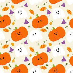 Seamless Halloween Pattern – Cute Pumpkins, Ghosts, Candies and Witch Hats – Kawaii Digital Paper