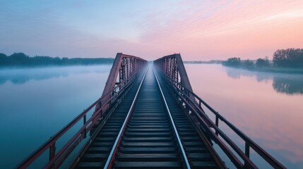 Fototapeta premium Misty sunrise over a railway bridge spanning a tranquil river (1)