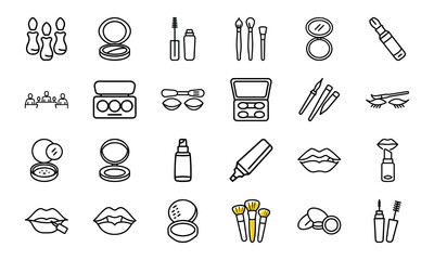 Cosmetic and Makeup Line Icon Set – Beauty Tools, Face Products, Brushes, Lipstick, Foundation, and Eyeliner Vector Collection

