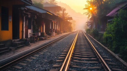 Fototapeta premium Sunrise over a train track through a village. Colorful buildings line the tracks, bathed in the golden light of dawn. Fog gently rises in the background
