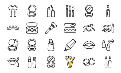 Cosmetic and Makeup Line Icon Set – Beauty Tools, Face Products, Brushes, Lipstick, Foundation, and Eyeliner Vector Collection

