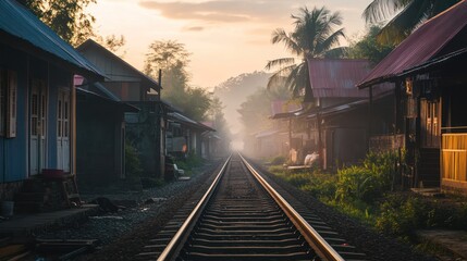 Obraz premium Railroad tracks through a village at dawn
