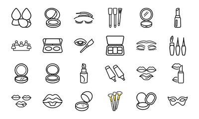 Cosmetic and Makeup Line Icon Set – Beauty Tools, Face Products, Brushes, Lipstick, Foundation, and Eyeliner Vector Collection

