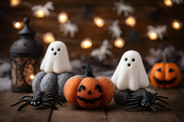 Halloween holiday decorations with glitter pumpkin, spiders and ghost on wooden table.