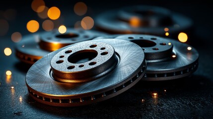 A close-up of metallic brake discs with a blurred bokeh background, showcasing their intricate details and shine.