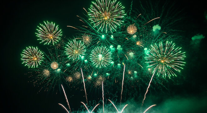 Green Fireworks Display in Night Sky for 14th of August