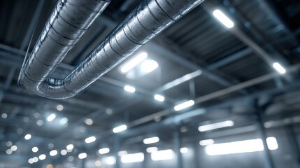 A close-up view of metallic ductwork in an industrial setting, featuring bright lights and a blurred background emphasizing the structure.
