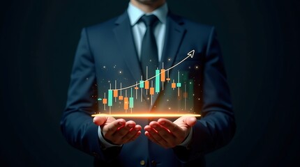 Businessman using a digital tablet to analyze a financial success graph