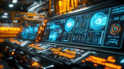 Futuristic industrial control room with advanced digital interface for technology and innovation