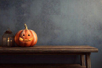 Jack lantern pumpkin on a console table in a modern interior. Halloween decor. Photorealistic illustration 