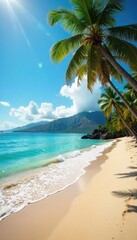 Obraz premium Relaxing on a sun-drenched beach in Hawaii, turquoise water laps gently at the shore, palm trees sway in the warm breeze Perfect island escape , idyllic, turquoise, coast