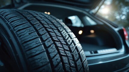 A close-up of a car tire inside a vehicle trunk, showcasing the tread pattern and the sleek interior of the car.