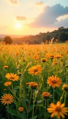 Fototapeta premium Golden hour sunlight bathes a vast field of wildflowers and tall grasses, creating a picturesque summer landscape Perfect for travel, nature, and seasonal themes , grasses, tranquility
