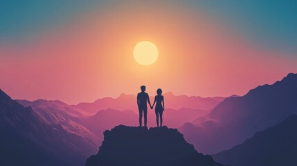 Couple Silhouette at Sunset Over Majestic Mountains