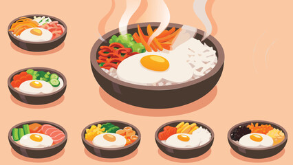 Illustration of various bibimbap bowls with different toppings and a peach background color
