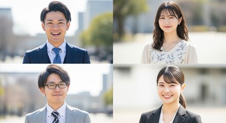 新社会人たちの笑顔あふれるビジネススーツ姿