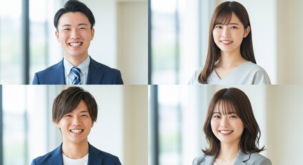 新社会人たちの笑顔あふれるビジネススーツ姿