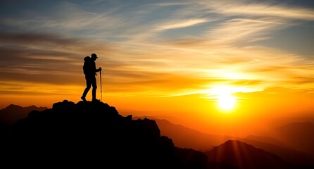 A silhouette of a hiker stands atop a rocky mountain peak, holding trekking poles. 