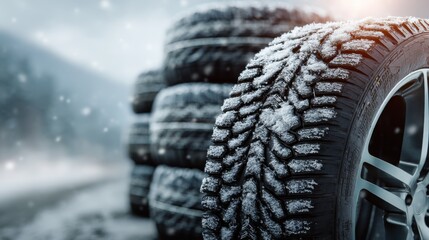 A close-up view of winter tires stacked in snow, showcasing the tread pattern and icy conditions, highlighting their readiness for cold weather driving.