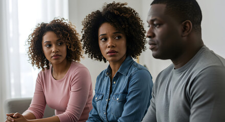Serious African American family members discussing important matters together seeking solutions and support