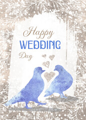 Romantic vertical creative design with a pair of birds and hearts. A banner for newlyweds with silhouettes of birds in the minimalist style