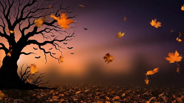 A spooky autumn scene with bare tree bats  falling leaves against an orange and purple sky