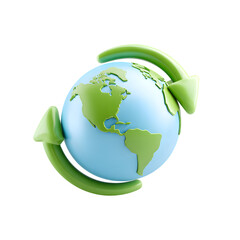 Glossy 3D Render of Earth Globe with Green Circular Arrows Illustration
