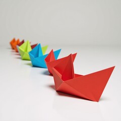 Naklejka premium Cool Colorful origami boats in a row display vibrant hues against minimalist background symbolizing creativity and playfulness