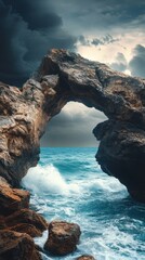 Dramatic archway rock formation at the ocean's edge under a stormy sky