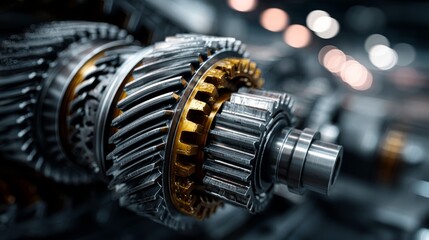 A close-up of intricate metallic gears showcasing precision engineering, with a blurred background highlighting industrial craftsmanship.