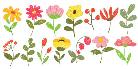 Cute hand drawn spring flower doodle set. Colorful floral vector elements with crayon, chalk, sketchy style. Perfect for kids design, spring clipart, invitations, stickers, cards, and textile prints.