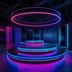 Neon-lit, tiered podiums in a modern, vibrant space