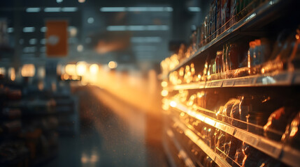 Fototapeta premium Abstract View of Supermarket Aisle with Golden Light
