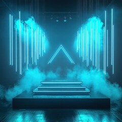 Neon blue stage, futuristic, smoky, lighting