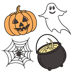A collection of classic halloween symbols including a jack o lantern a ghost a spiderweb with a spider and a witch s cauldron