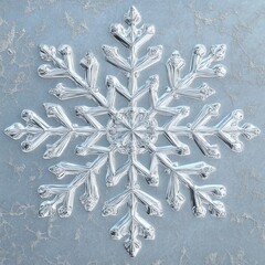 Detailed, intricate snowflake design, silvery-white, on a light-blue, textured background
