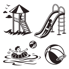 Children enjoying summer activities at a water park with slides swimming and beach balls