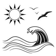 Stylized black silhouette of sun seagulls and crashing wave on white background