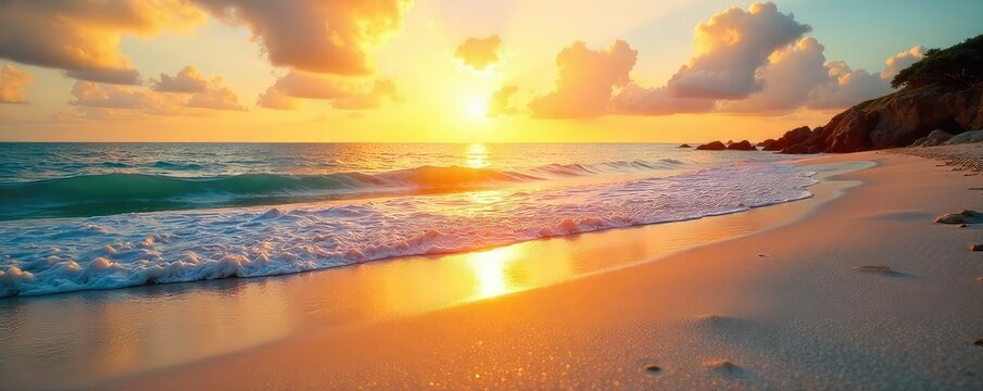 Golden Hour Beach Scene Gentle Waves Lap Pristine Sandy Shore, Perfect for Travel, Vacation, Summer, and Tropical Themed Websites and Marketing - Powered by Adobe