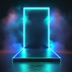 Neon-lit rectangular portal on a reflective platform