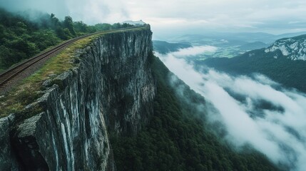 Steep cliff face, railway track, misty valley