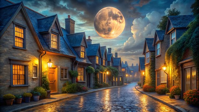 Enchanting cobblestone street lined with illuminated historic buildings under a full moon