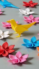 Ok Origami bird among vibrant blossoms