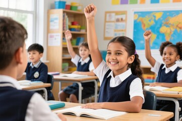 Fototapeta premium Smiling girl raising hand in classroom, diverse children in school uniform, learning, education, cheerful atmosphere, elementary students