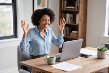 Happy woman curly hair blue blouse working from home laptop joyful success modern office coffee cup indoor